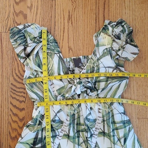 JUST TAYLOR PALM BAMBOO MAXIDRESS GREEN CREAM SIZE 8 EMPIRE WAIST FLUTTER SLEEVE - Picture 14 of 15